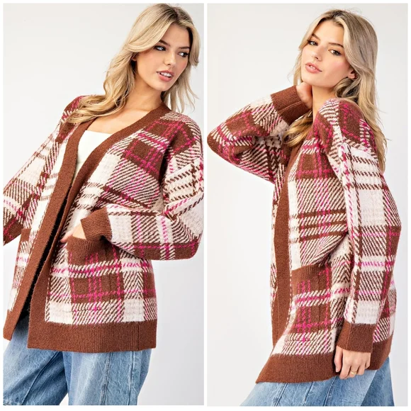 ee:some Cozy Chic Brown Plaid Cardigan - Picture 2 of 15
